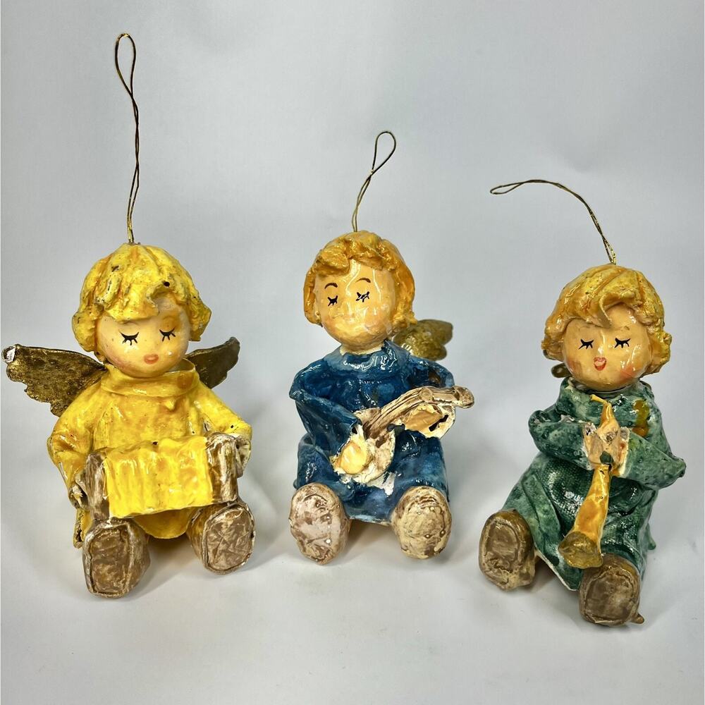 VTG Paper Mache Christmas Angel Ornament Playing Instrument Holiday Lot Of 3
